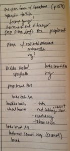 March 18 2018 handwritten meal plan