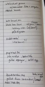 Handwritten meal plan for week of March 26 2018