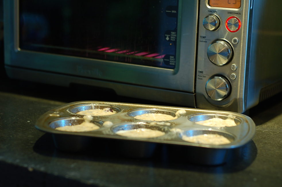 Weekday toaster oven muffins with coconut, chia seeds, and cranberries