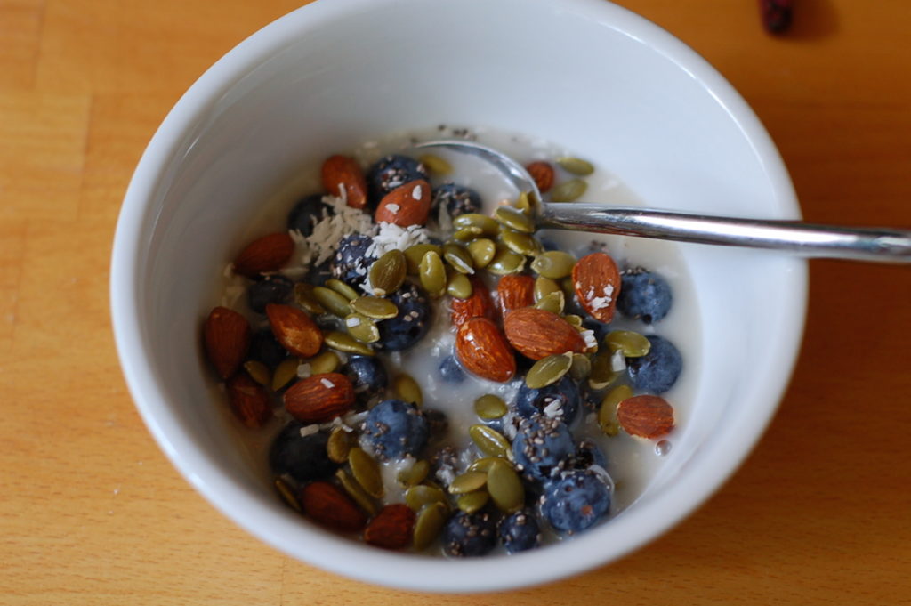 Blueberries nuts seeds oat milk